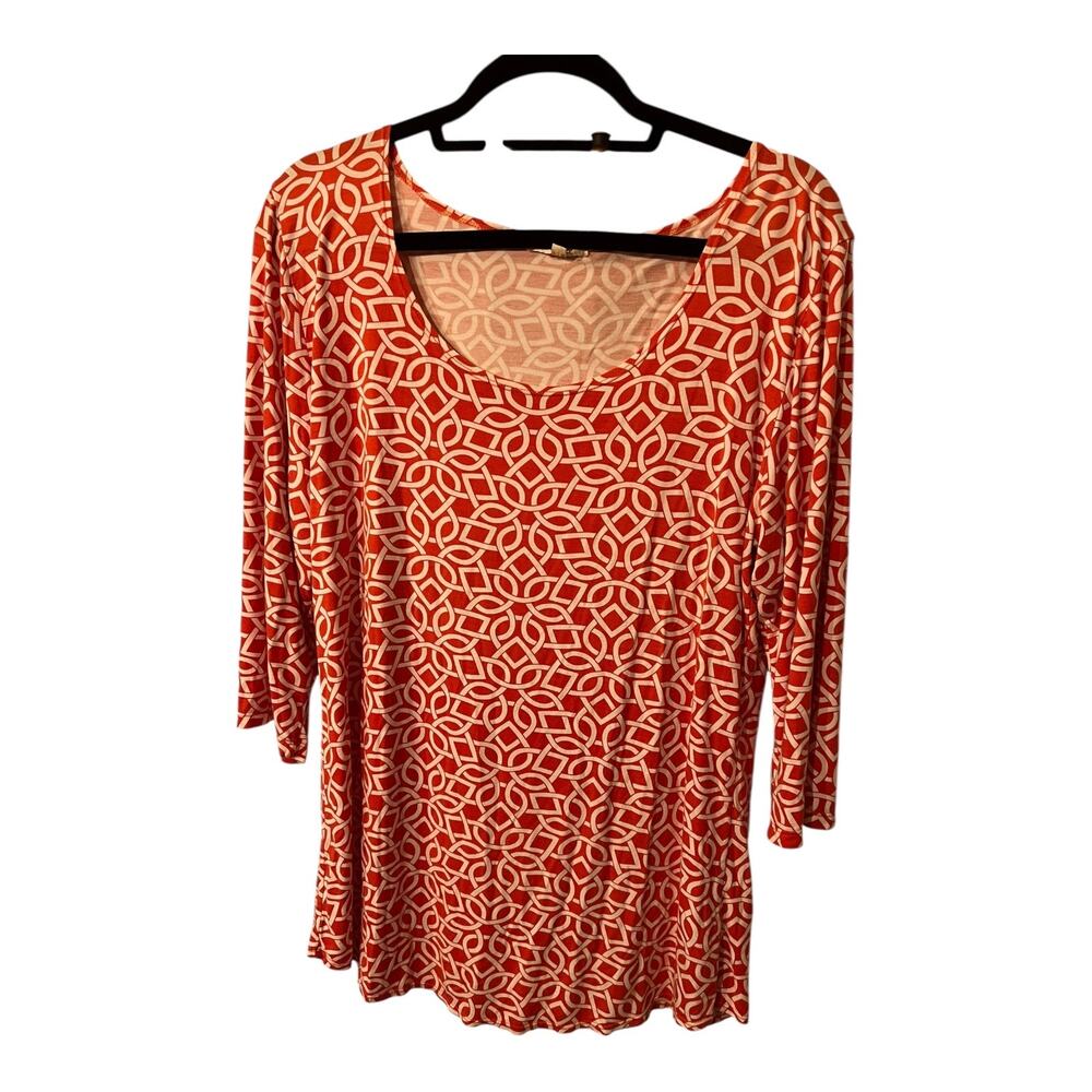 Zen Knit Orange Cream Geometric Print Scoop Neck Top 3/4 Sleeve Women’s Size XL